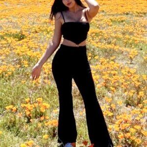 Y2K Starlow Ribbed Flare Leg O-Ring Square Neck Jumpsuit Black‎ Festival Small